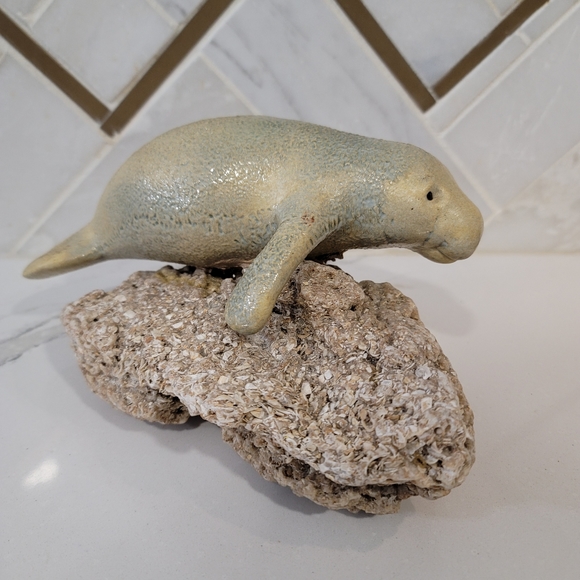 Ceramic manatee on a shell rock. This plus size mermaid is cute beach decor! - Picture 12 of 12